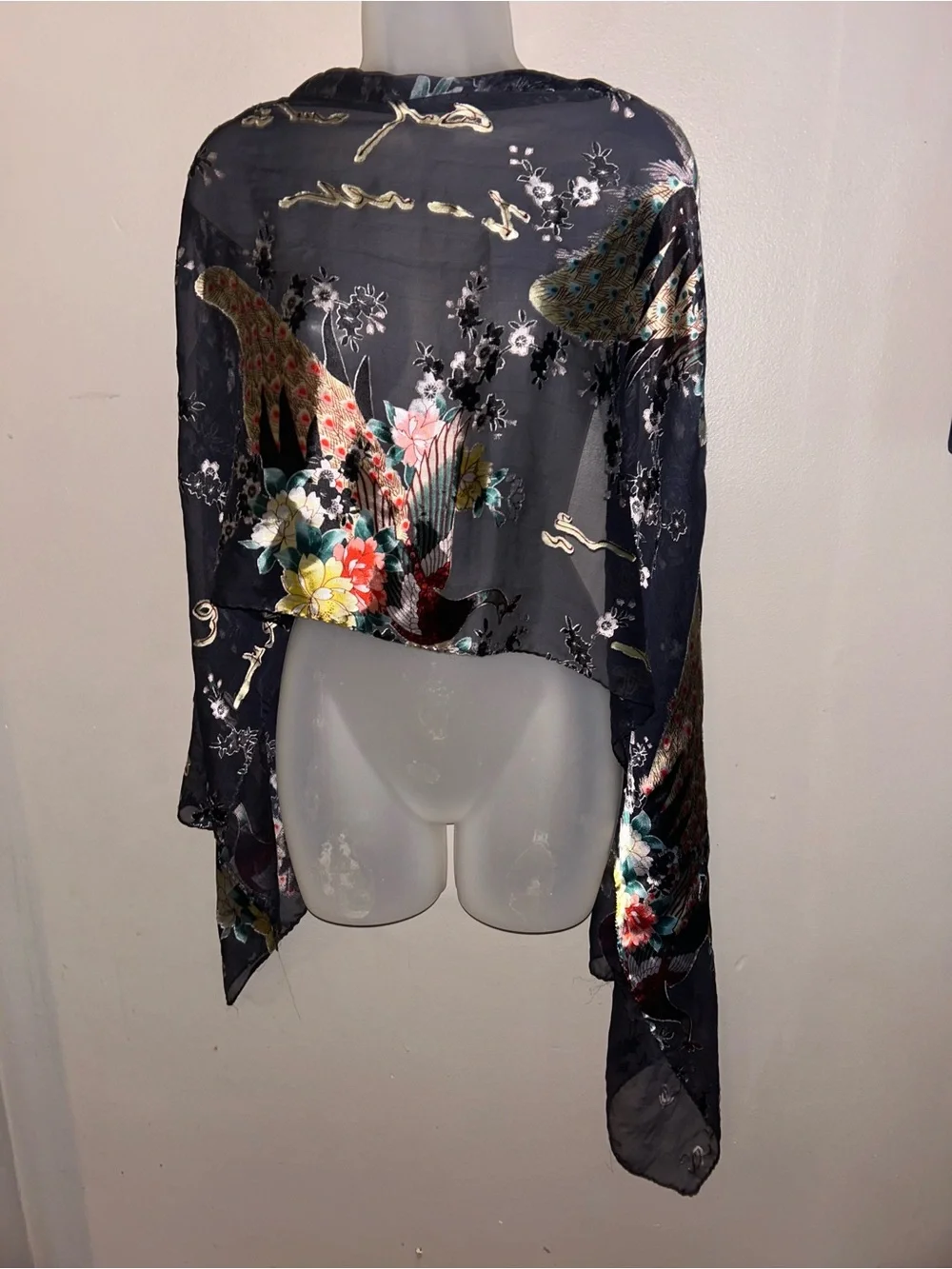 Asian Inspired Silk Scarf - sheer black w/all over print